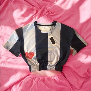 Navy Blue and White Crop Top with   Stripes and Heart ❤️